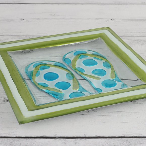 Trinket Tray Blue Polka-Dot Flip-Flop Plate 7in Square - Picture 4 of 5
